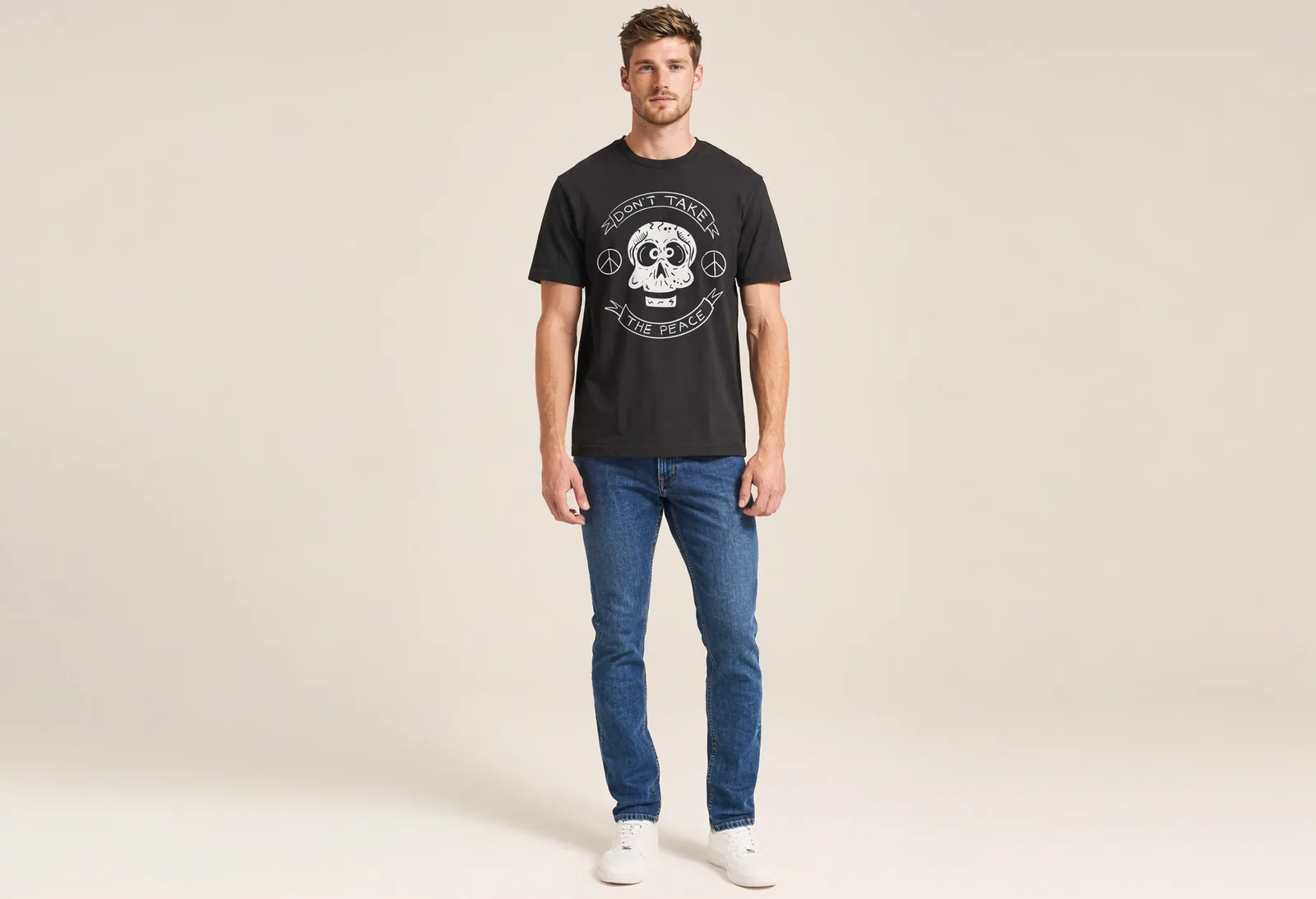 Don't Take The Peace Tee in Black, worn