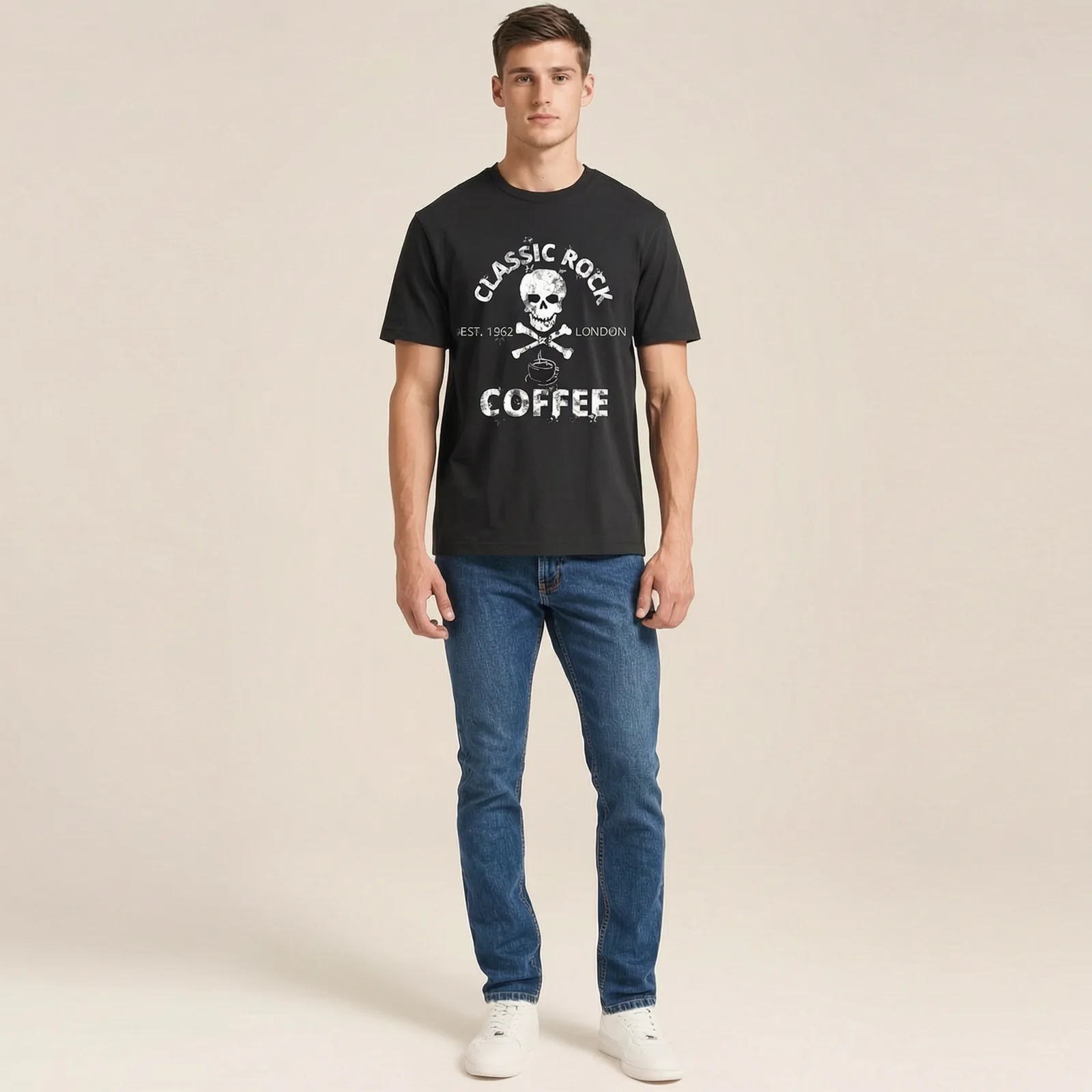 Classic Rock Coffee Tee in Black, worn